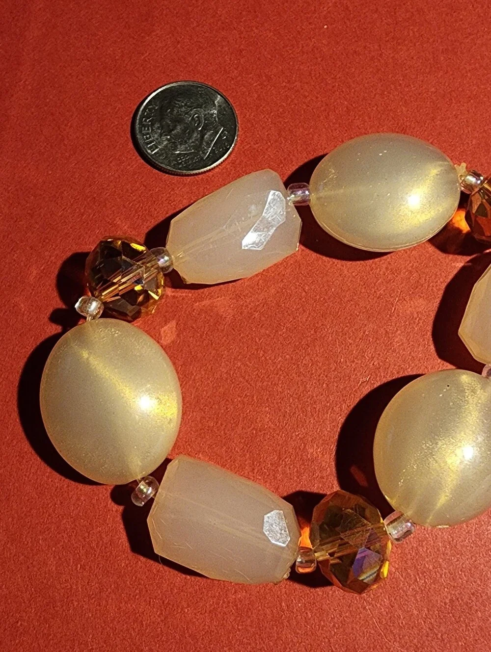 Funky And Fun Retro Bracelet With Amber, Faux Crystal, And Pearlescent Beads